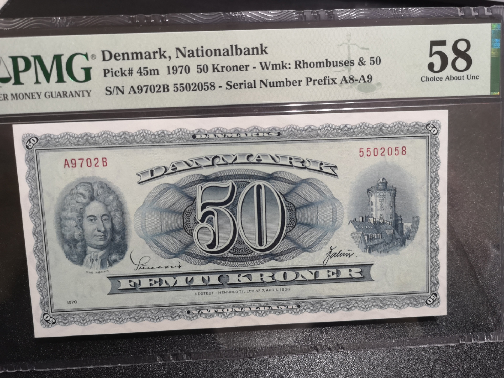《外钞收藏家》第一百四十七期拍卖连拍第一场（98件） 1970年丹麦50克朗 PMG58 靓号