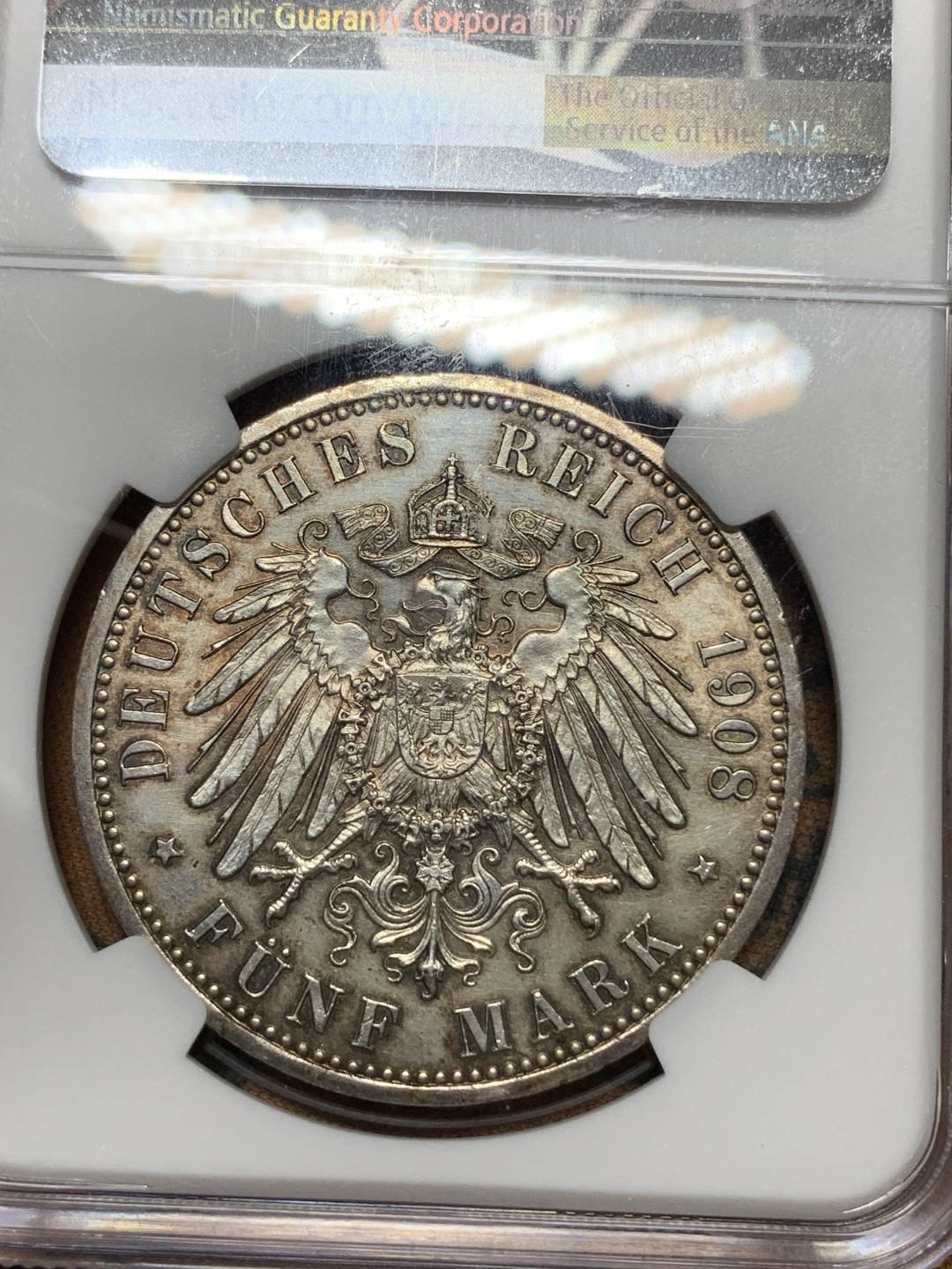 《竞宝斋》钱币微拍-第15场-本周日，周一2场连拍（全场顺丰包邮） NGC-MS62德国萨克森1908年 魏玛-爱森纳赫 耶拿大学建校450周年5马克