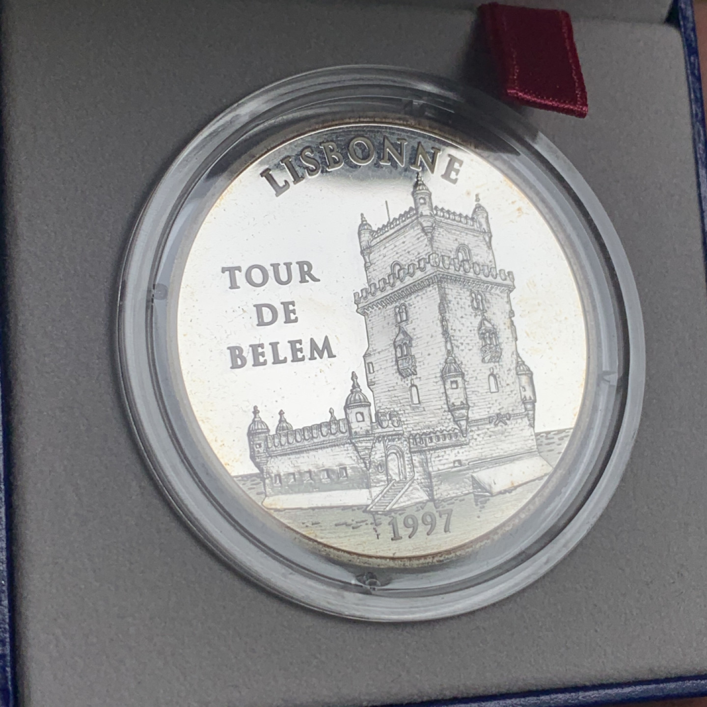 《竞宝斋》钱币微拍-第15场-本周日，周一2场连拍（全场顺丰包邮） 原盒证书 法国1997年 里斯本贝伦塔  100法郎/15埃古 精制大银币 22.2克 90%银