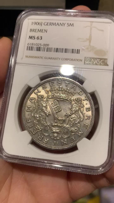 《竞宝斋》钱币微拍-第15场-本周日，周一2场连拍（全场顺丰包邮） NGC-MS63  德国不莱梅 1906-J年 双狮盾徽 5马克 银币 转光带彩 一流的品相味道