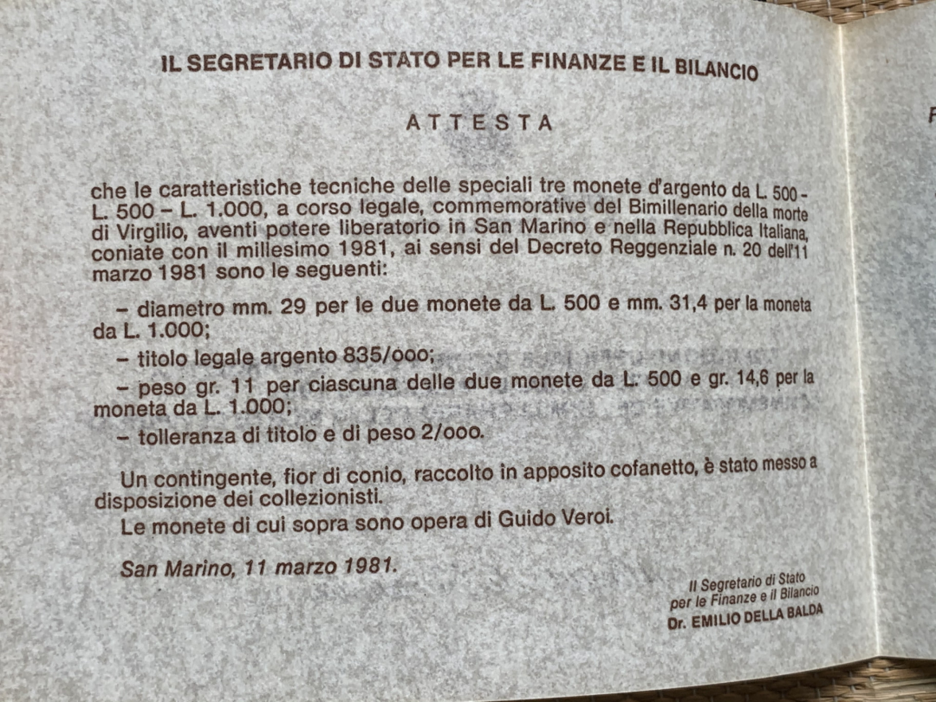 《竞宝斋》钱币微拍-第15场-本周日，周一2场连拍（全场顺丰包邮） 原盒证书 圣马力诺1981年 500/500/1000里拉 维吉尔逝世200周年纪念 银币 总重量36.6克 83.5%银