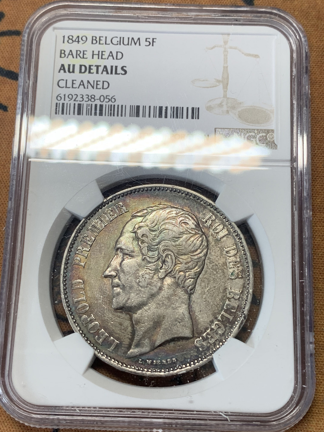 《竞宝斋》钱币微拍-第15场-本周日，周一2场连拍（全场顺丰包邮） NGC-AU 比利时 1849年 利奥波德一世 小头版 5法郎 银币 现在这样的彩NGC全部枪毙不给分了 可惜