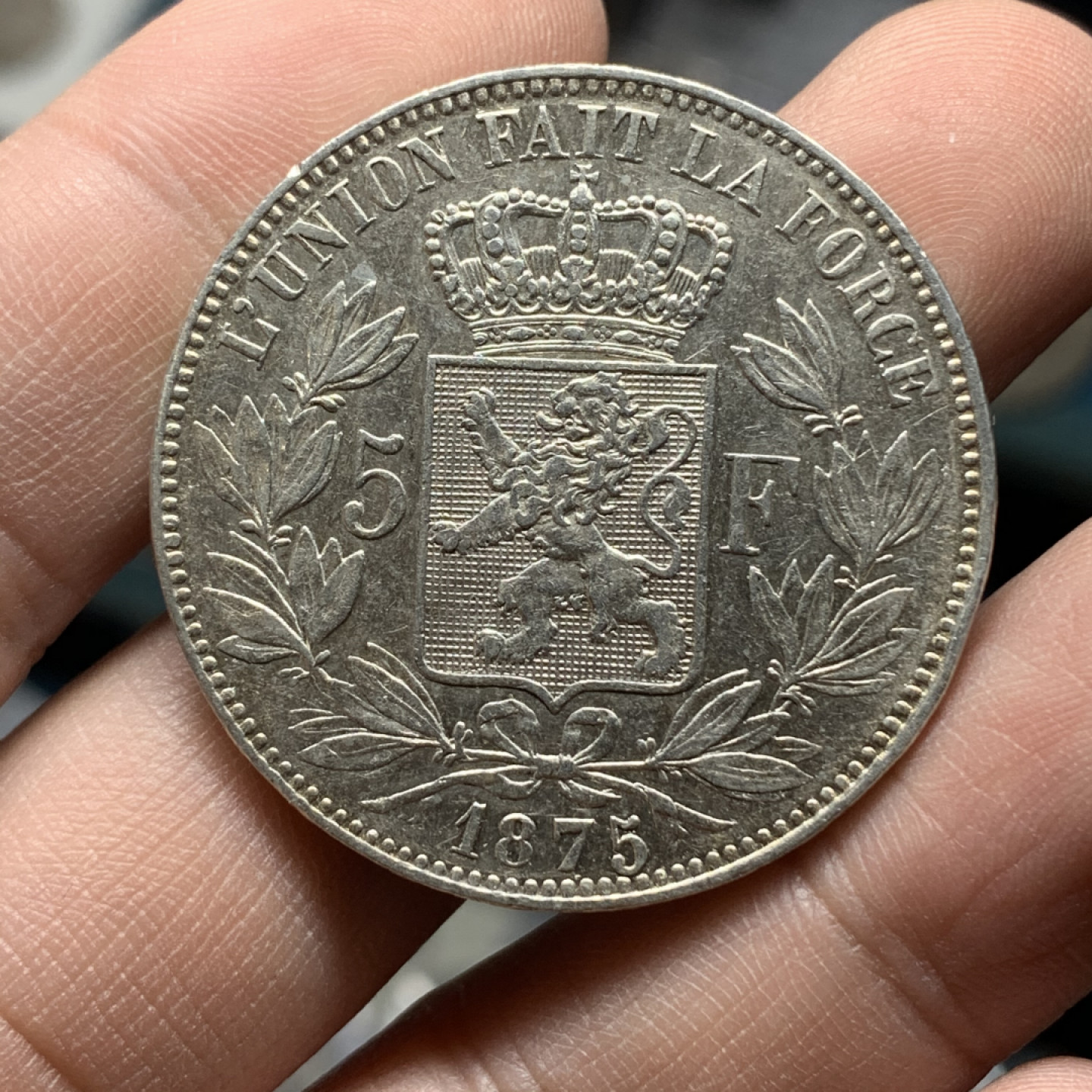 《竞宝斋》钱币微拍-第15场-本周日，周一2场连拍（全场顺丰包邮） 1875年 比利时 5法郎 大银币 好品 25克 900银