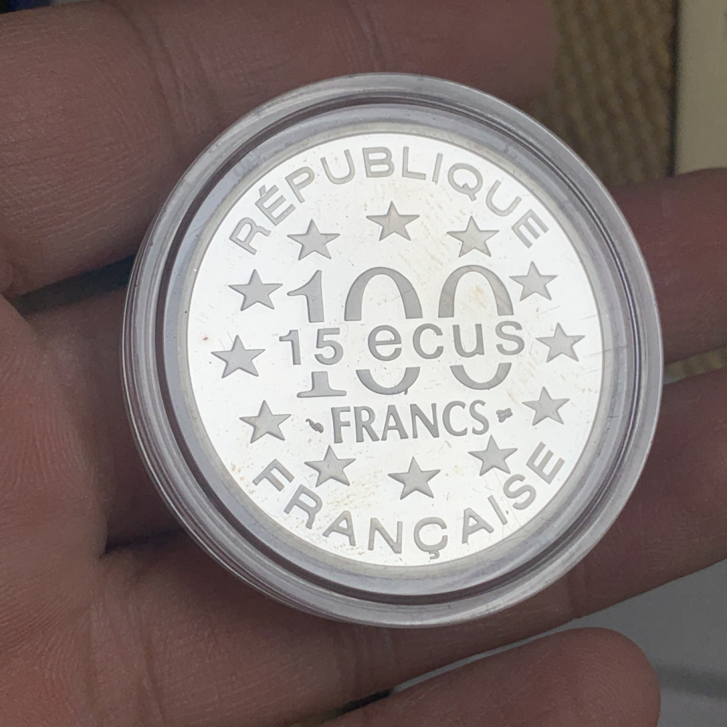 《竞宝斋》钱币微拍-第15场-本周日，周一2场连拍（全场顺丰包邮） 原盒证书 法国1994年 圣马可广场 100法郎/15埃古 精制大银币 22.2克 90%银 