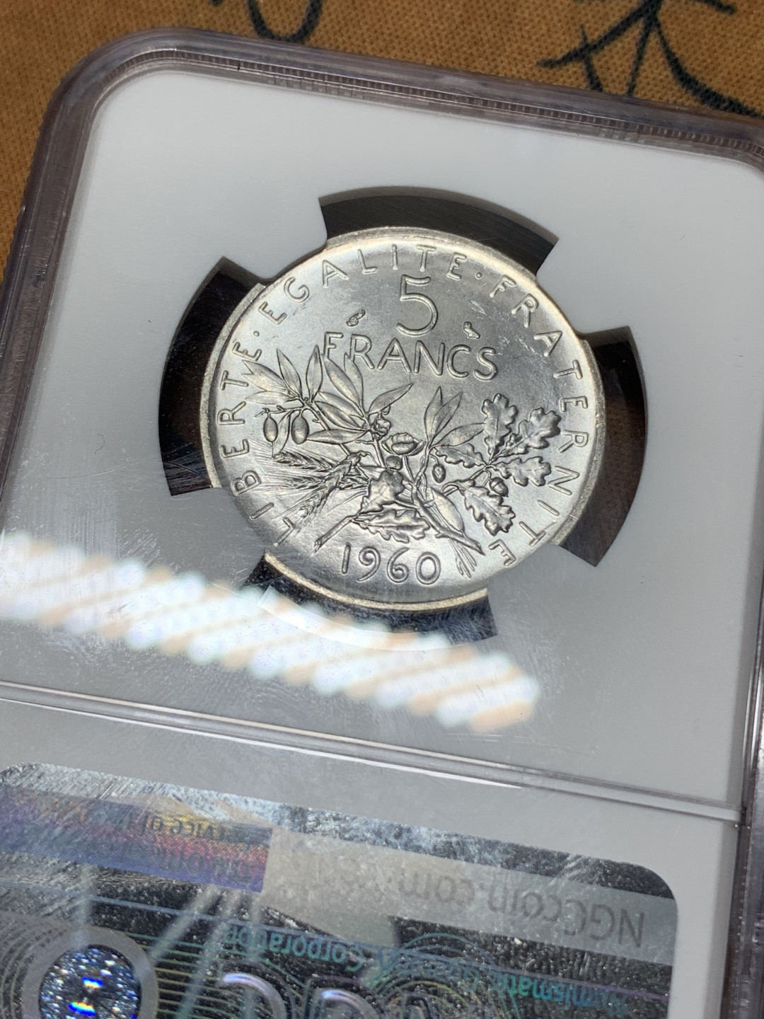 《竞宝斋》钱币微拍-第15场-本周日，周一2场连拍（全场顺丰包邮） NGC-MS65 法国 1960年谷物5法郎 高分谷物 罗蒂设计的形象