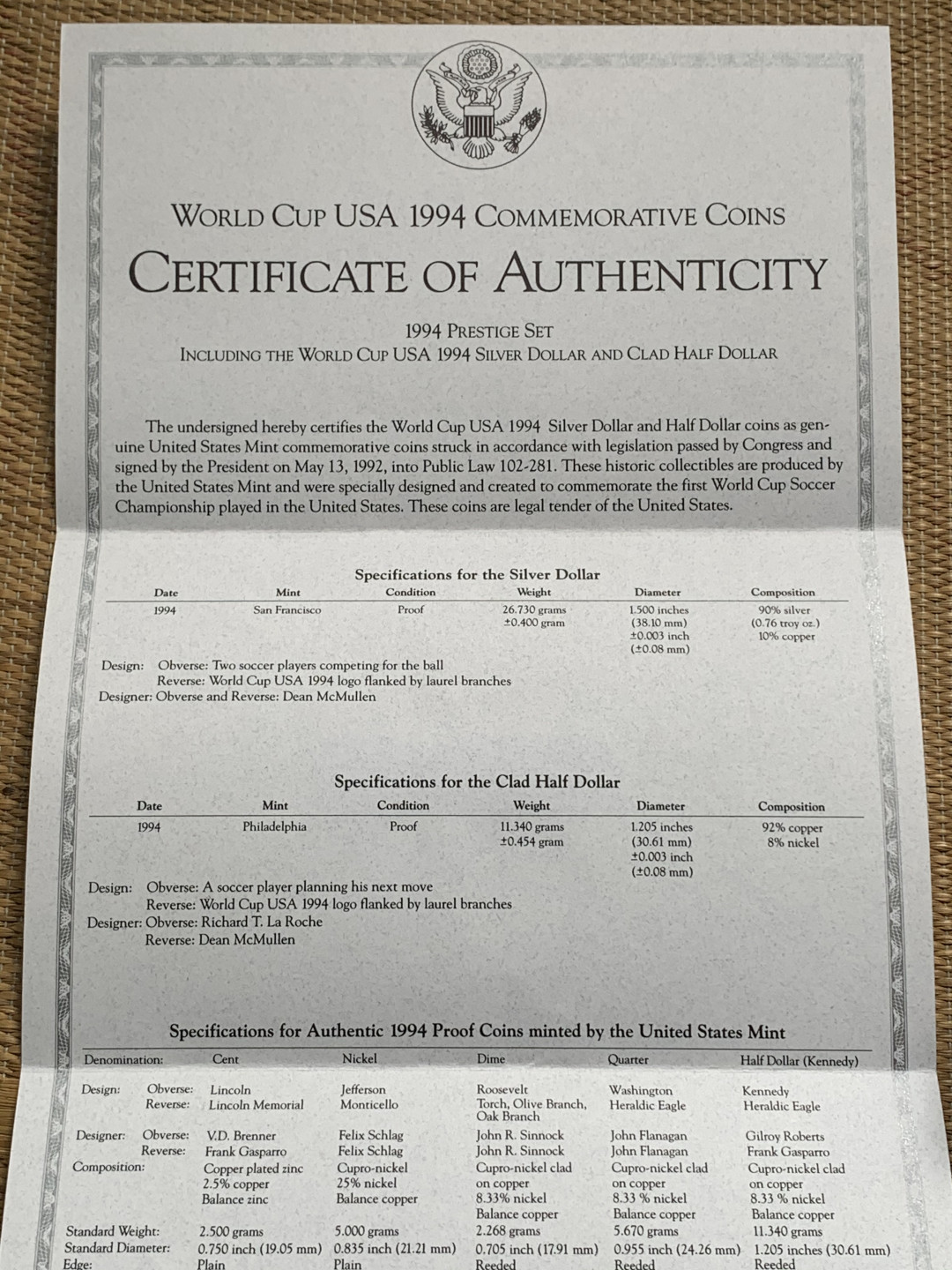 《竞宝斋》钱币微拍-第15场-本周日，周一2场连拍（全场顺丰包邮） 原盒证书 美国1994年 世界杯7枚套精制纪念币 其中一元银币27.3克 90%银 完美状态