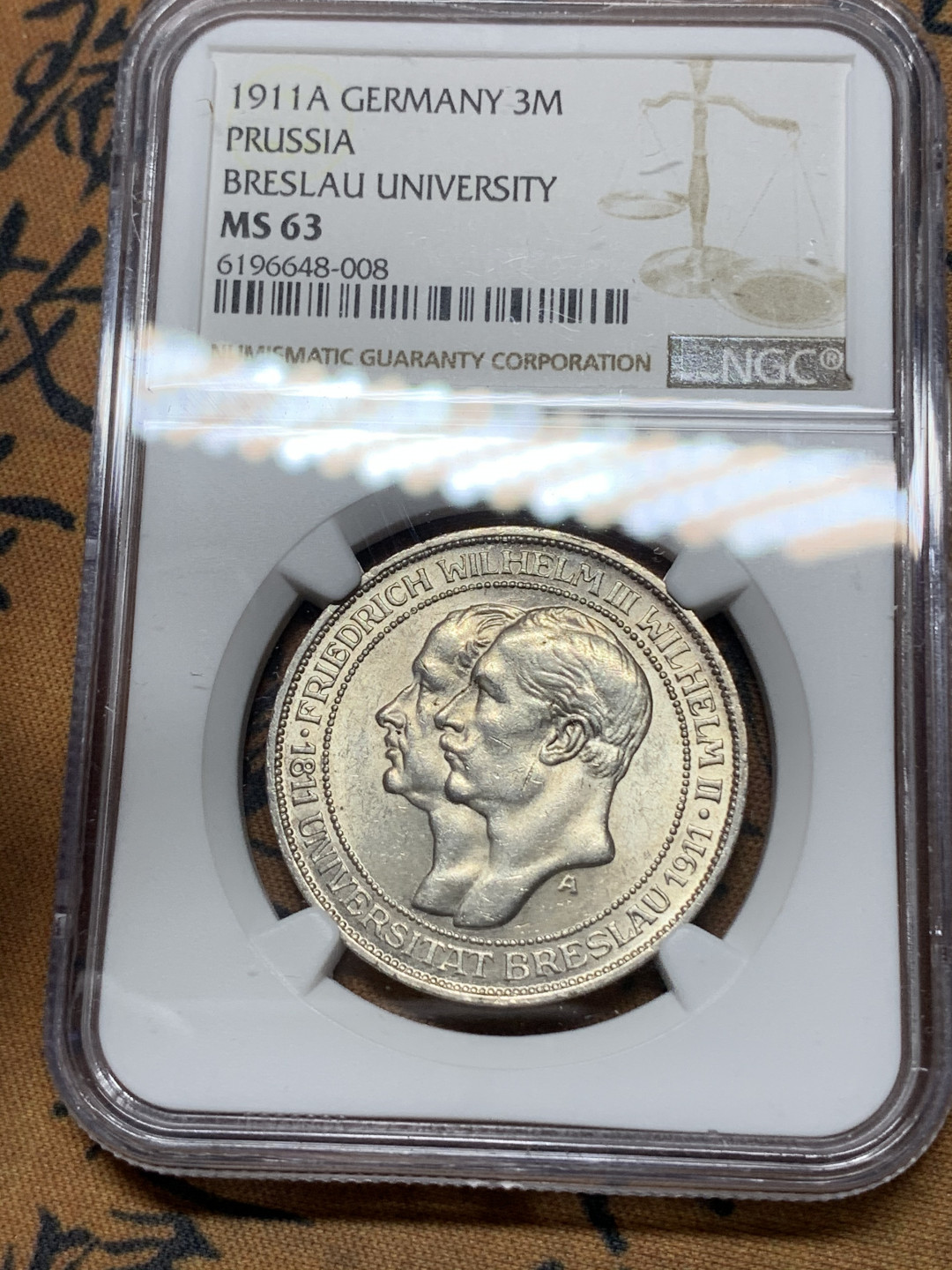 《竞宝斋》钱币微拍-第15场-本周日，周一2场连拍（全场顺丰包邮） NGC-MS63 德国 普鲁士 1911年A版 布莱斯劳大学 3马克银币