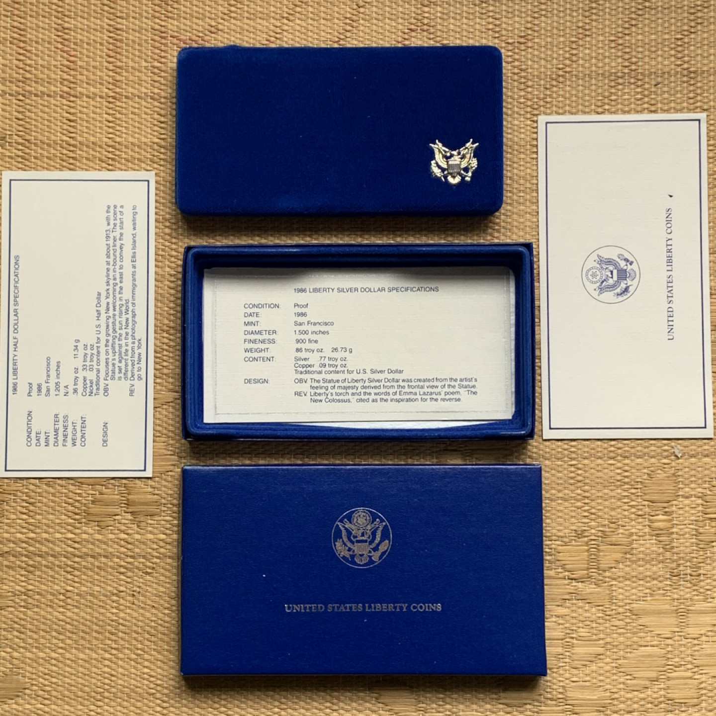 《竞宝斋》钱币微拍-第15场-本周日，周一2场连拍（全场顺丰包邮） 原盒证书 美国1986年 自由女神像 1元和半圆 2枚套 其中1元是26.73克90%银 完美状态