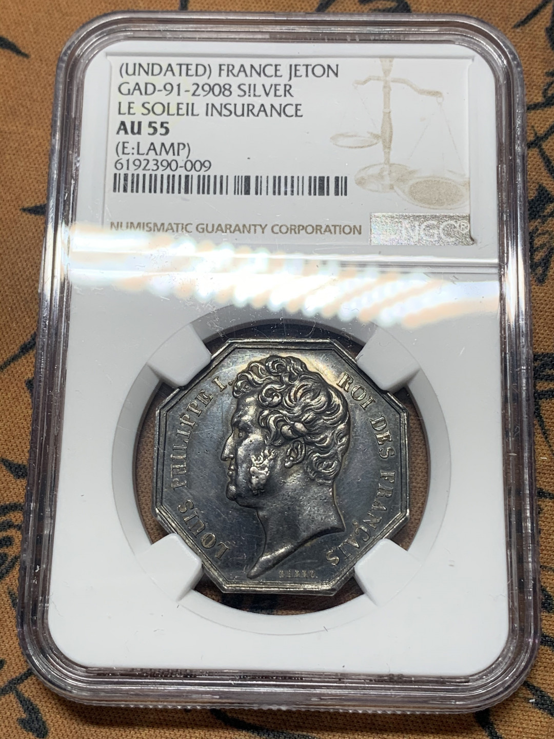 《竞宝斋》钱币微拍-第15场-本周日，周一2场连拍（全场顺丰包邮） NGC-AU55 法国1832年 路易斯菲利普一世 小头 JETON 银币 漂亮的黑包浆