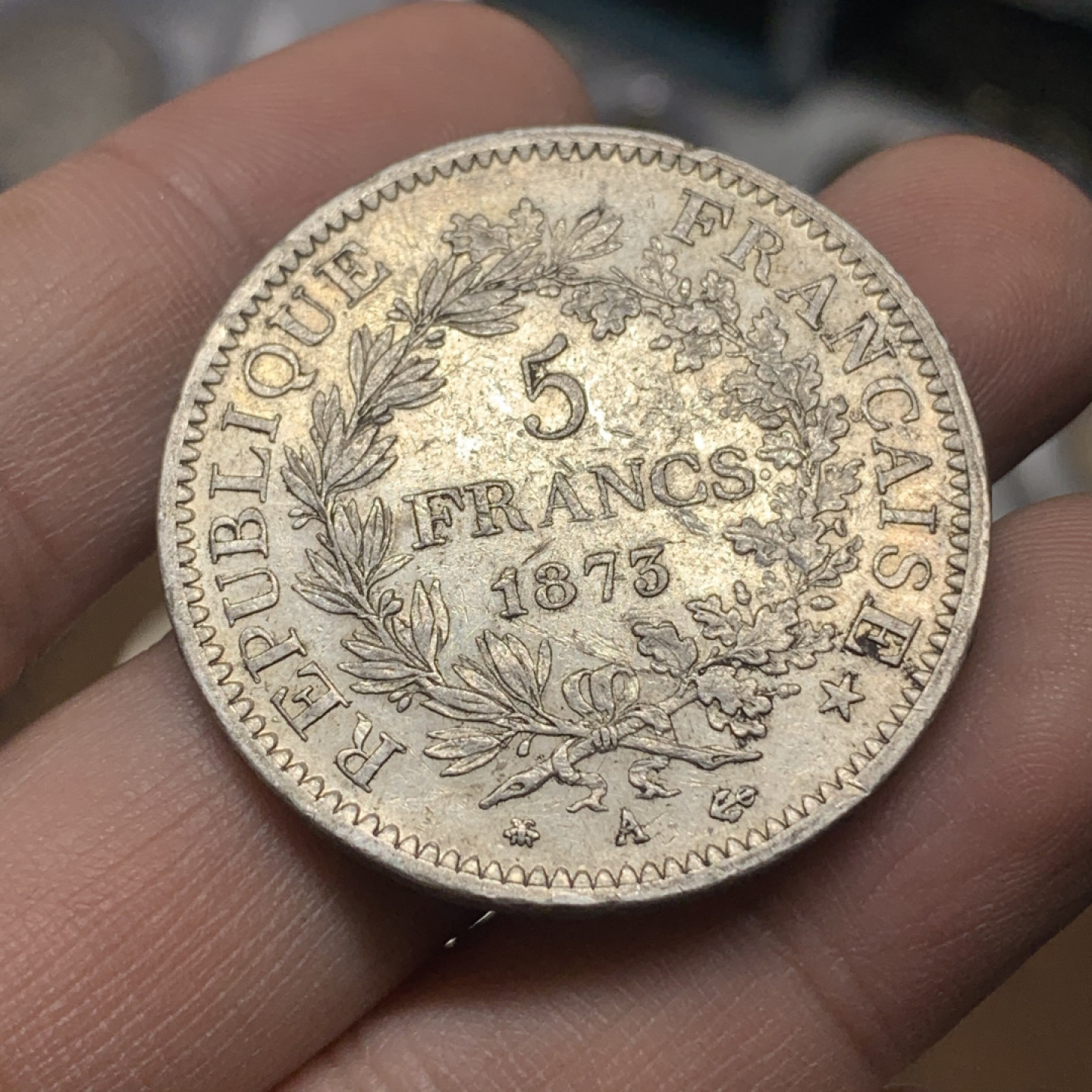 《竞宝斋》钱币微拍-第15场-本周日，周一2场连拍（全场顺丰包邮） 1873年 法国 大力神 5法郎 大银币 原味包浆 25克 900银