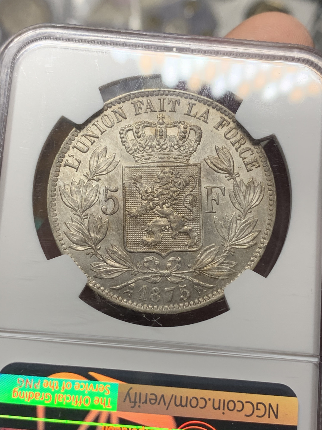 《竞宝斋》钱币微拍-第15场-本周日，周一2场连拍（全场顺丰包邮） NGC-AU58  1875 状态极佳的 比利时 5法郎 银币 底光 高点皆在