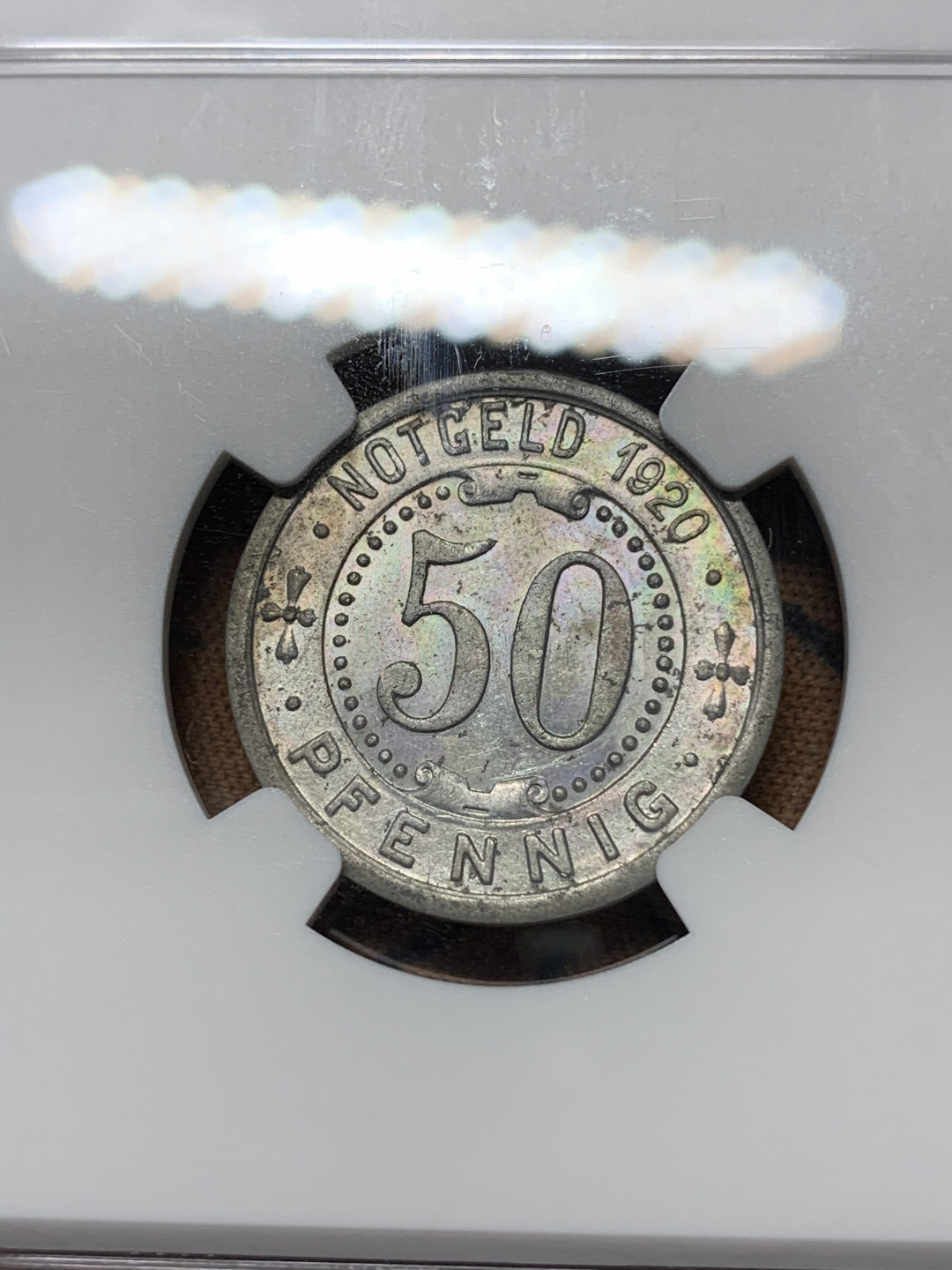 《竞宝斋》钱币微拍-第15场-本周日，周一2场连拍（全场顺丰包邮） NGC-MS62 德国 1920年德紧门登洞熊50芬尼 恐龙形象逼真 整体设计感极强