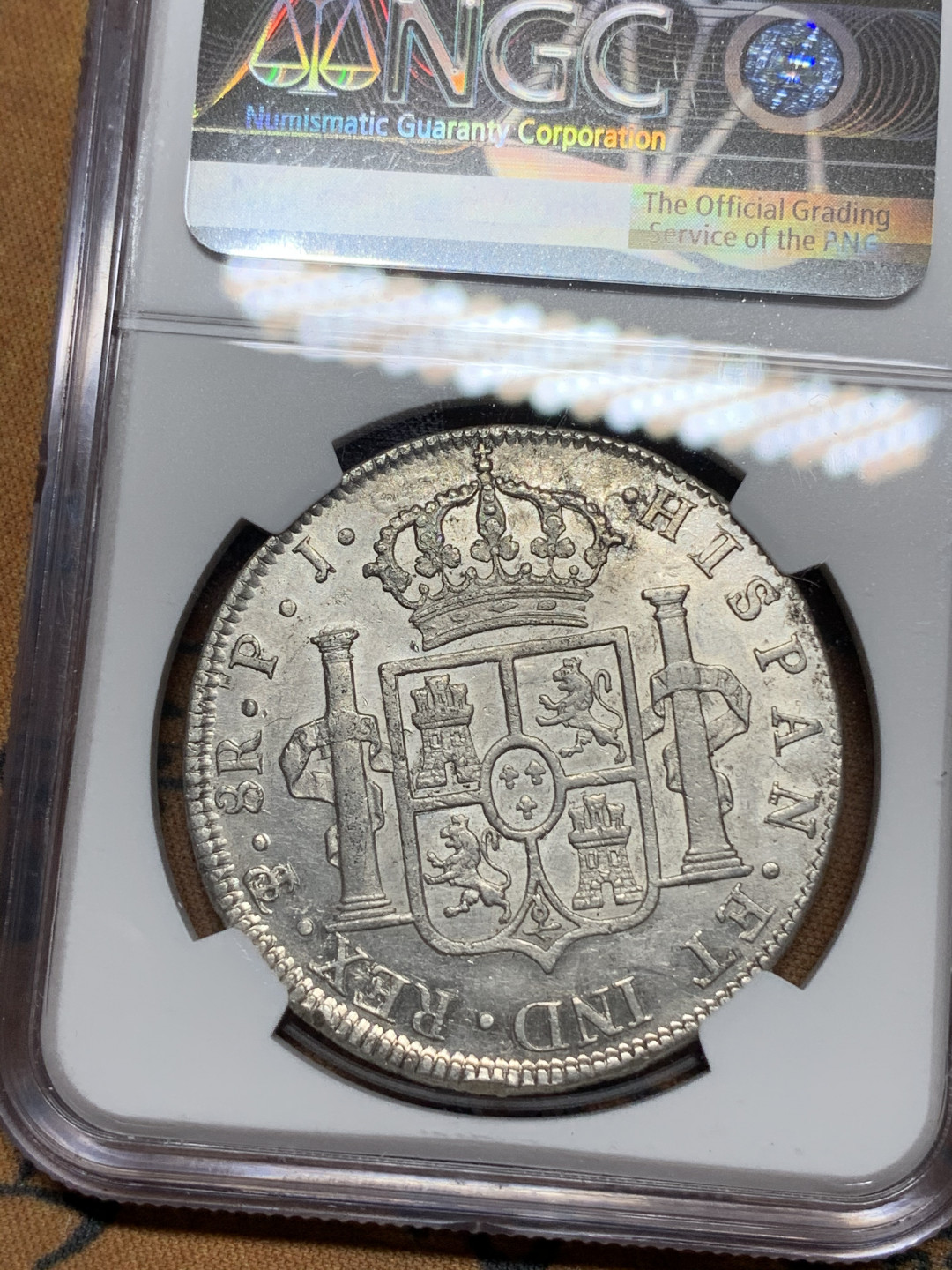 《竞宝斋》钱币微拍-第15场-本周日，周一2场连拍（全场顺丰包邮） NGC-AUD 玻利维亚1804年 8 里亚尔  人像双柱卡洛斯四世  银币      原味