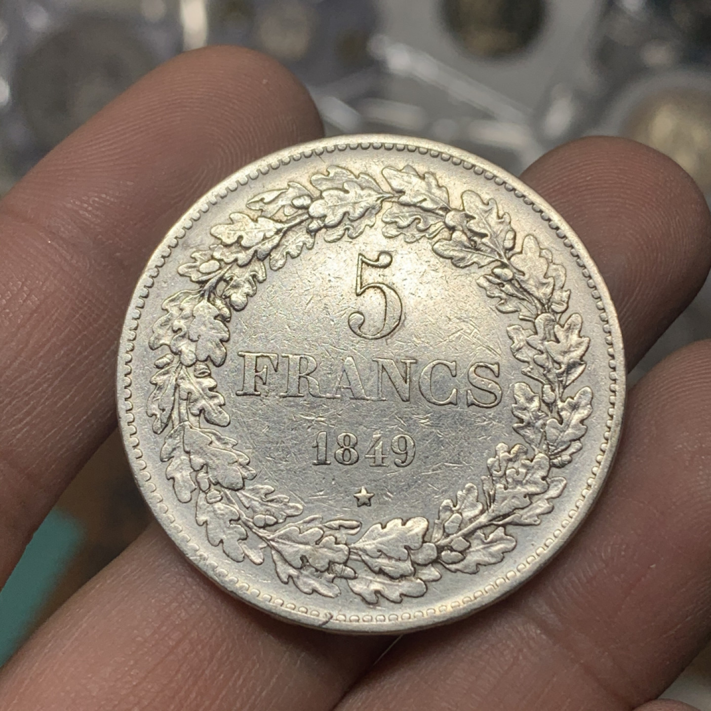 《竞宝斋》钱币微拍-第15场-本周日，周一2场连拍（全场顺丰包邮） 1849年 比利时花冠  5法郎 大银币 稀少品种 25克 900银