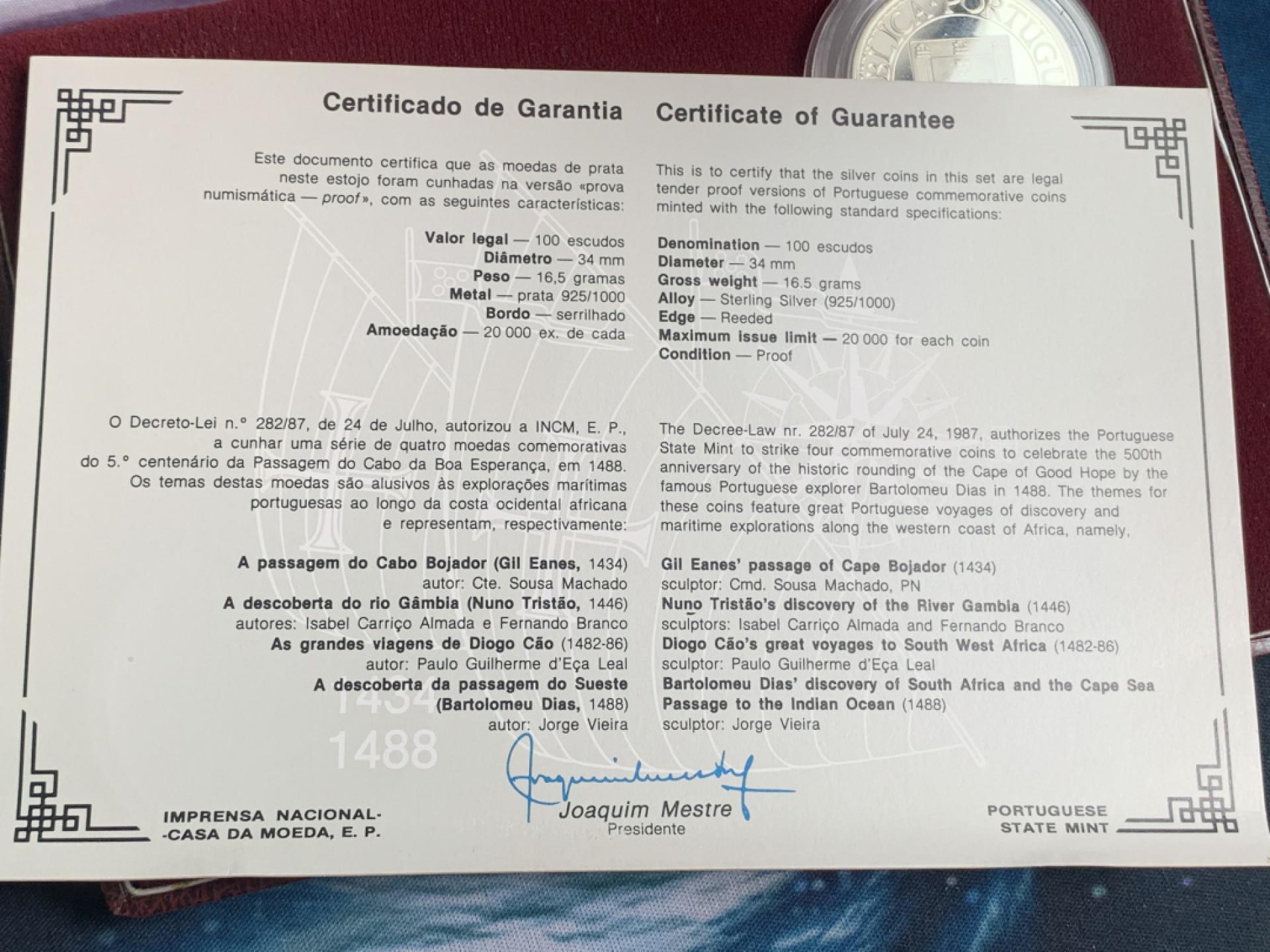 《竞宝斋》钱币微拍-第15场-本周日，周一2场连拍（全场顺丰包邮） 原盒证书 葡萄牙1987年 大航海 100ESC 精铸银币 925银 完美状态