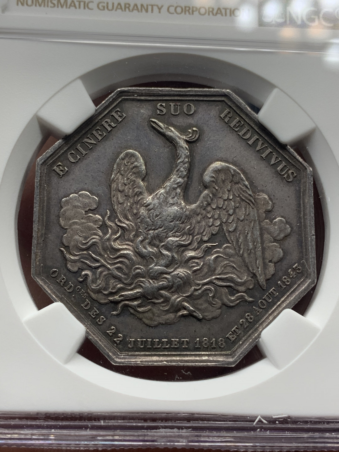 《竞宝斋》钱币微拍-第15场-本周日，周一2场连拍（全场顺丰包邮） NGC-AU 法国 1843年 凤凰涅槃 JETON 银币 老包浆没给分