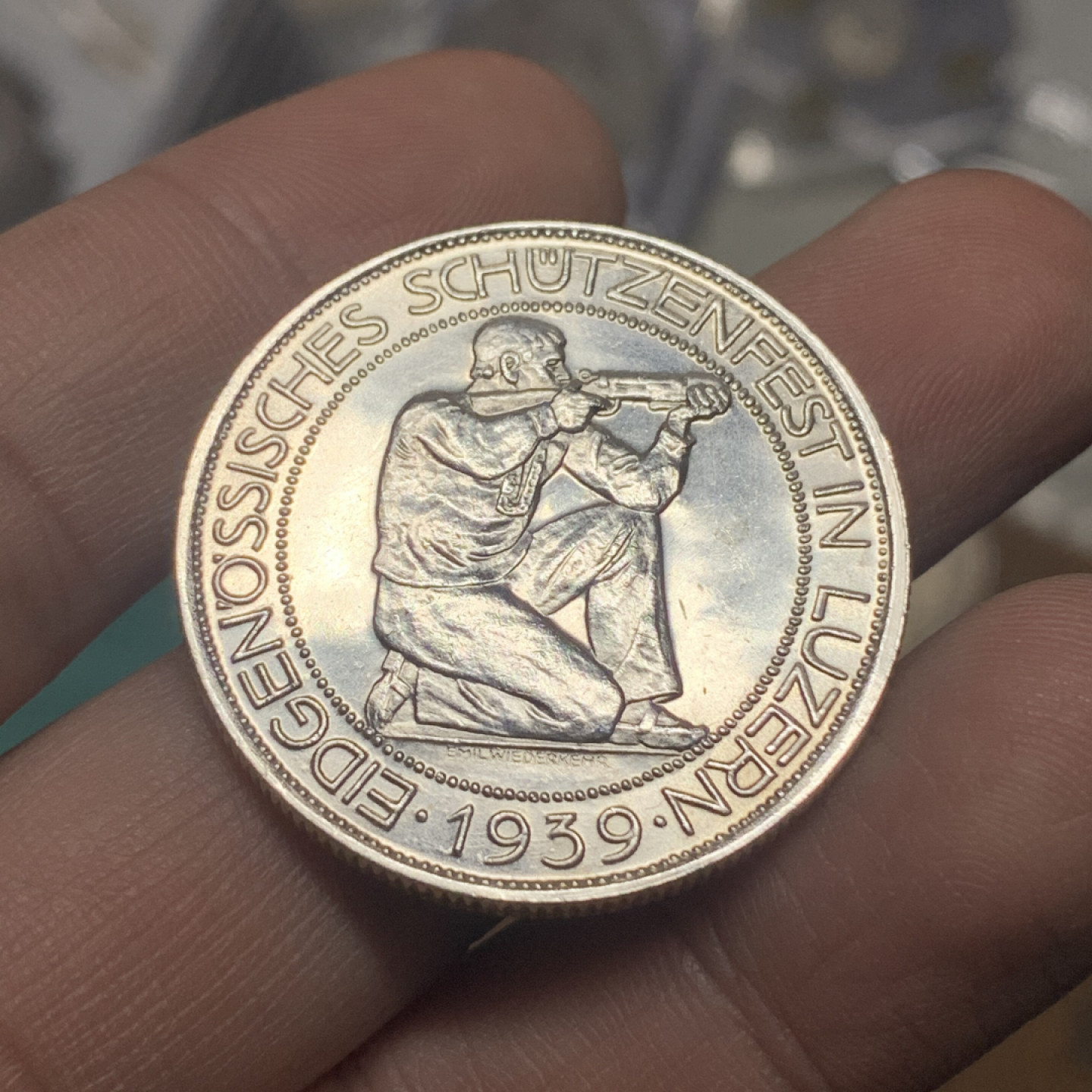 《竞宝斋》钱币微拍-第15场-本周日，周一2场连拍（全场顺丰包邮） 少见 瑞士 1939年 狩猎节 5法郎 银币 