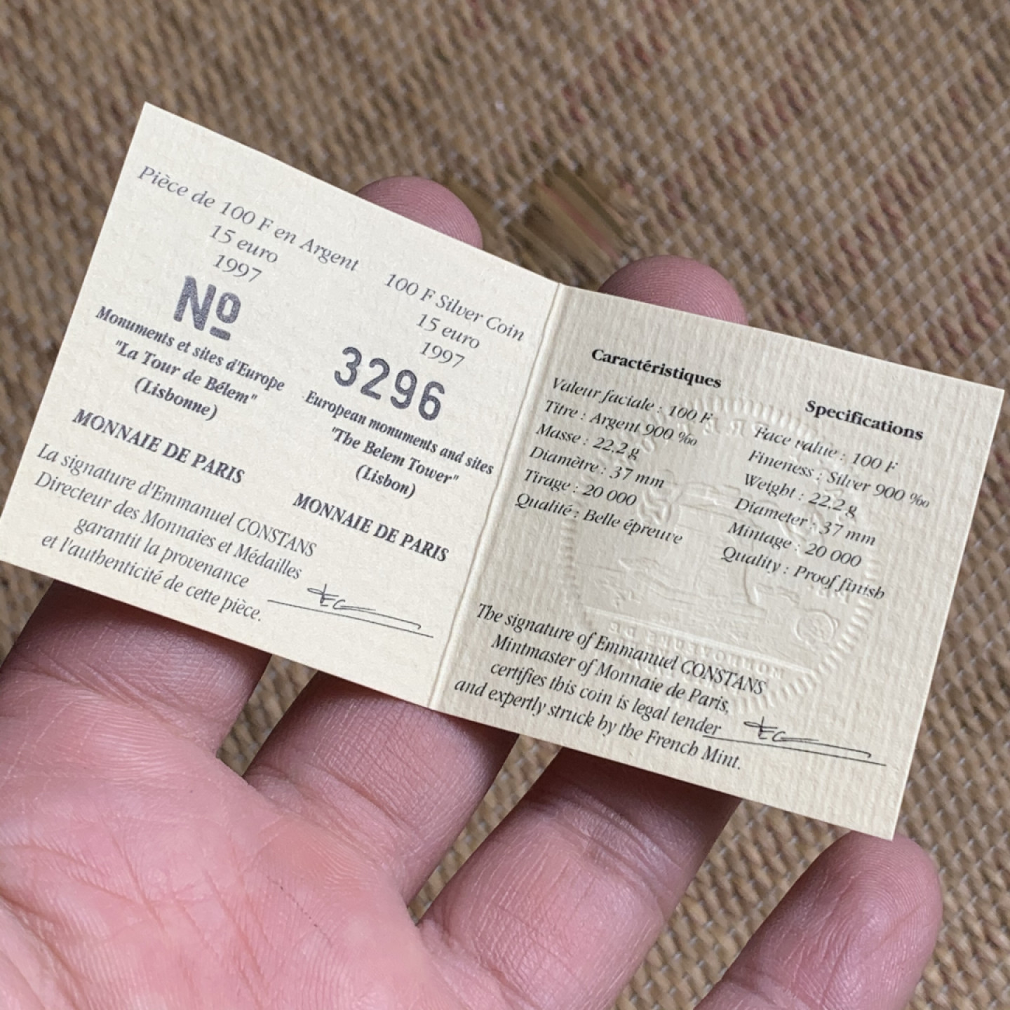 《竞宝斋》钱币微拍-第15场-本周日，周一2场连拍（全场顺丰包邮） 原盒证书 法国1997年 里斯本贝伦塔  100法郎/15埃古 精制大银币 22.2克 90%银