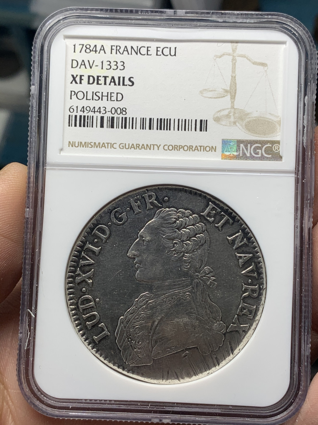 《竞宝斋》钱币微拍-第15场-本周日，周一2场连拍（全场顺丰包邮） NGC-XF 法国 1784-A年 路易十六 老埃居 大银币 有减重痕这个品种里常见