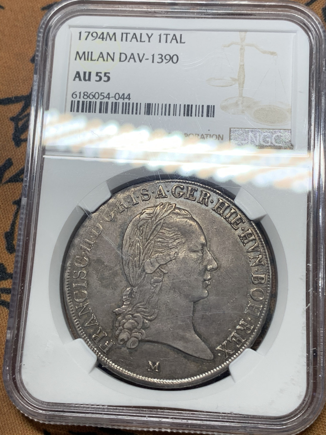 《竞宝斋》钱币微拍-第15场-本周日，周一2场连拍（全场顺丰包邮） NGC-AU55 意大利 1794年 佛朗茨二世 老泰勒 老包浆一流的味道