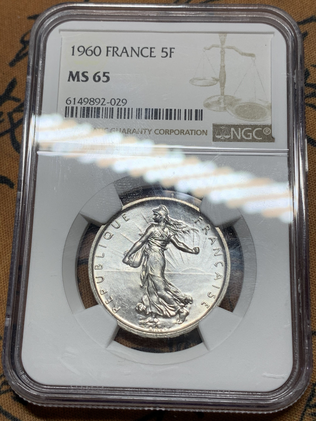 《竞宝斋》钱币微拍-第15场-本周日，周一2场连拍（全场顺丰包邮） NGC-MS65 法国 1960年谷物5法郎 高分谷物 罗蒂设计的形象