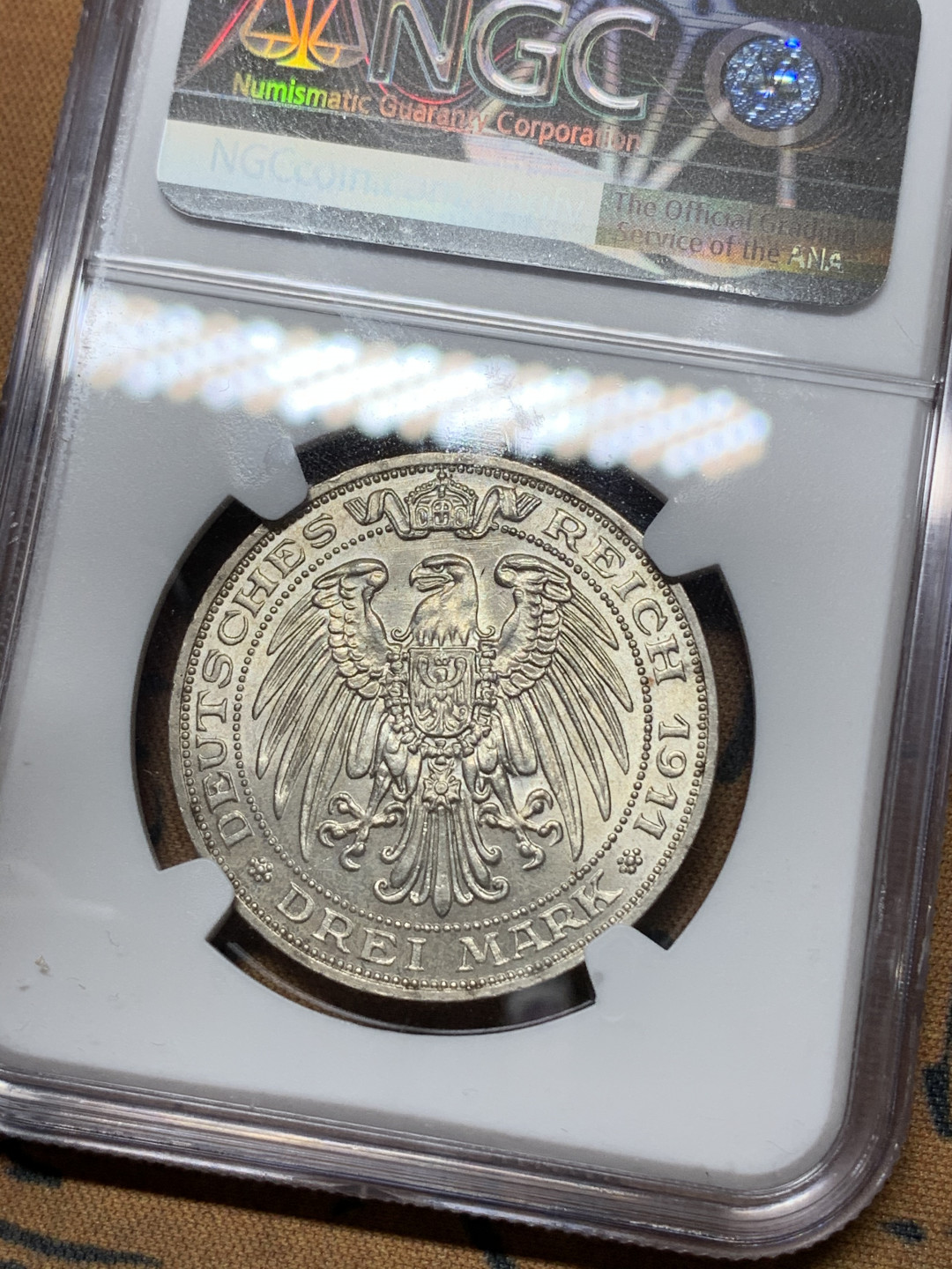 《竞宝斋》钱币微拍-第15场-本周日，周一2场连拍（全场顺丰包邮） NGC-MS63 德国 普鲁士 1911年A版 布莱斯劳大学 3马克银币