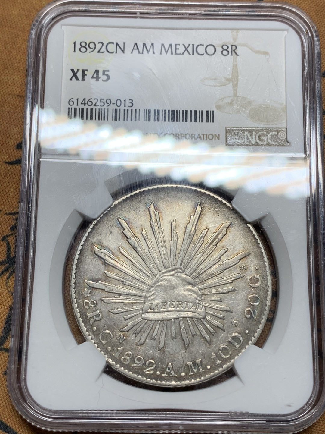 《竞宝斋》钱币微拍-第15场-本周日，周一2场连拍（全场顺丰包邮） NGC-XF45  墨西哥 1892年 8 里亚尔  库利亚坎厂  银币     原味带彩c厂老鹰