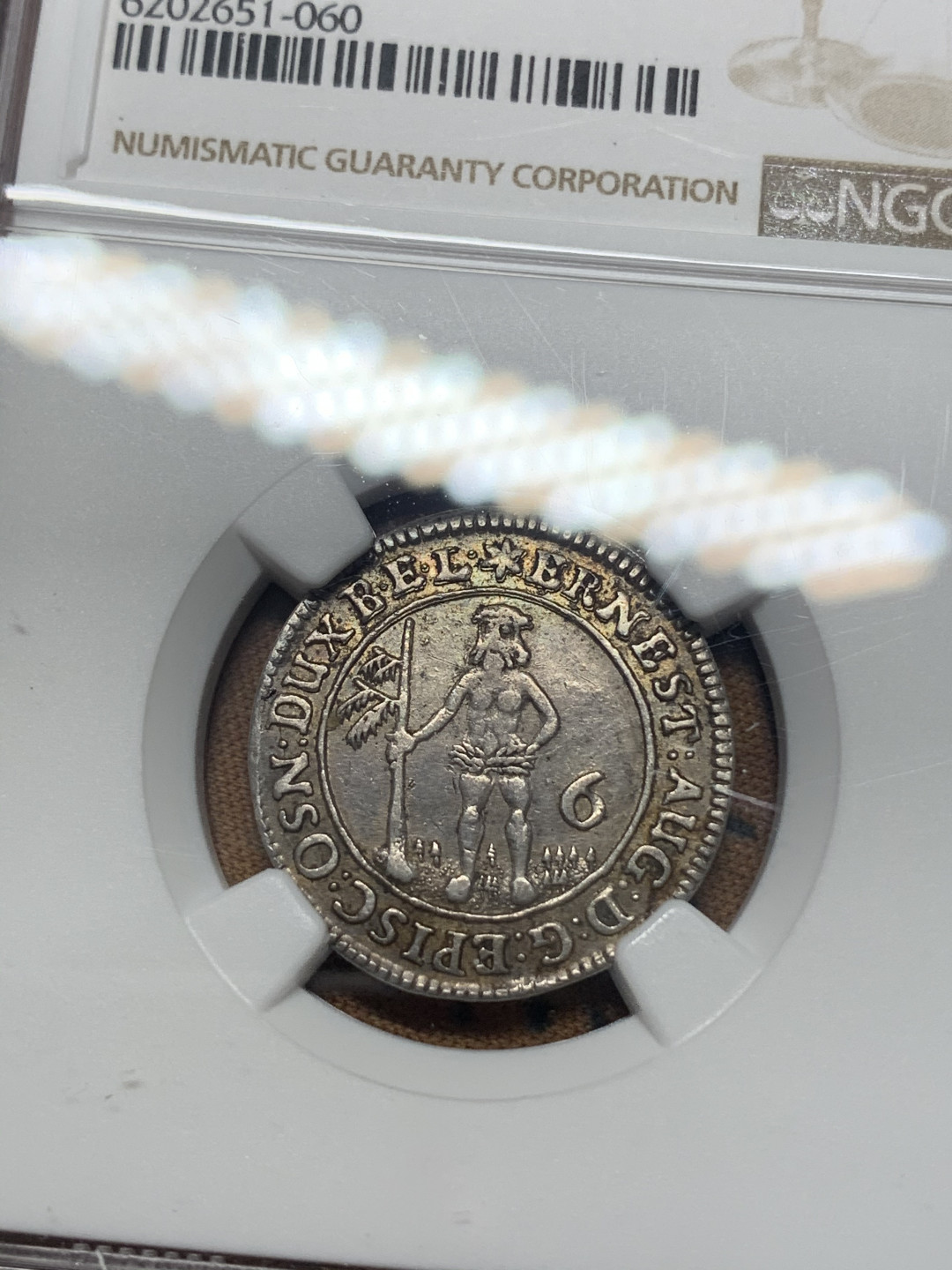 《竞宝斋》钱币微拍-第15场-本周日，周一2场连拍（全场顺丰包邮） 亚军 NGC-XF45 德国布伦瑞克 1689年 野人 6M 银币 带彩好品 比主币少见很多