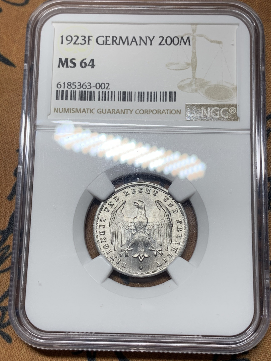 《竞宝斋》钱币微拍-第15场-本周日，周一2场连拍（全场顺丰包邮） NGC MS64 德国魏玛 1923年 200马克 F厂符腾堡