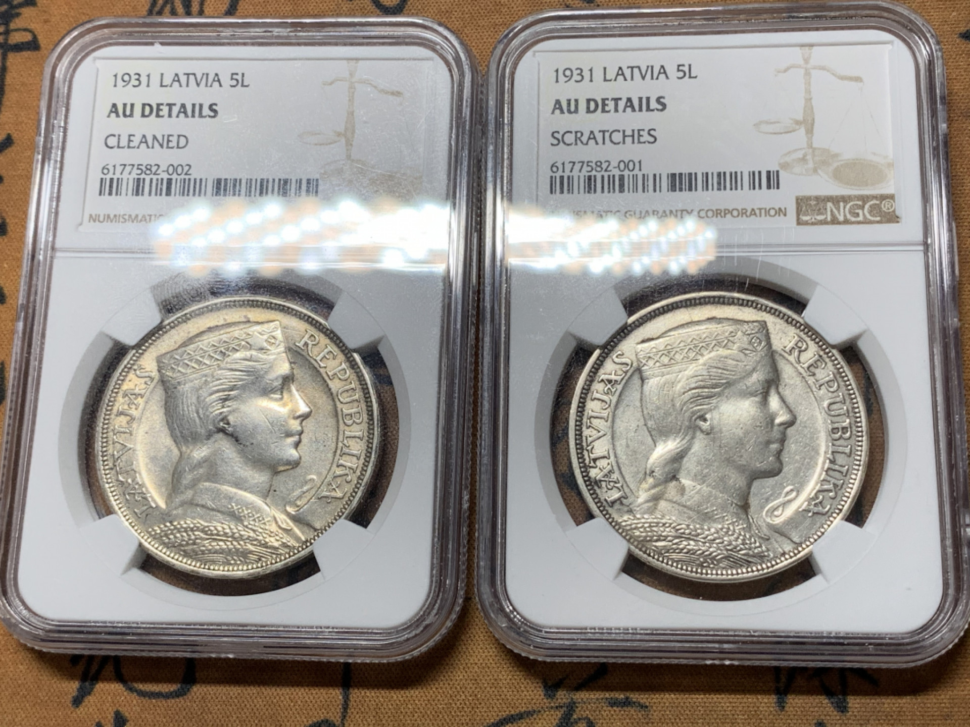 《竞宝斋》钱币微拍-第15场-本周日，周一2场连拍（全场顺丰包邮） NGC-AUD 2枚一组 拉脱维亚 1931年 5拉弟 女神大银币2枚 美品