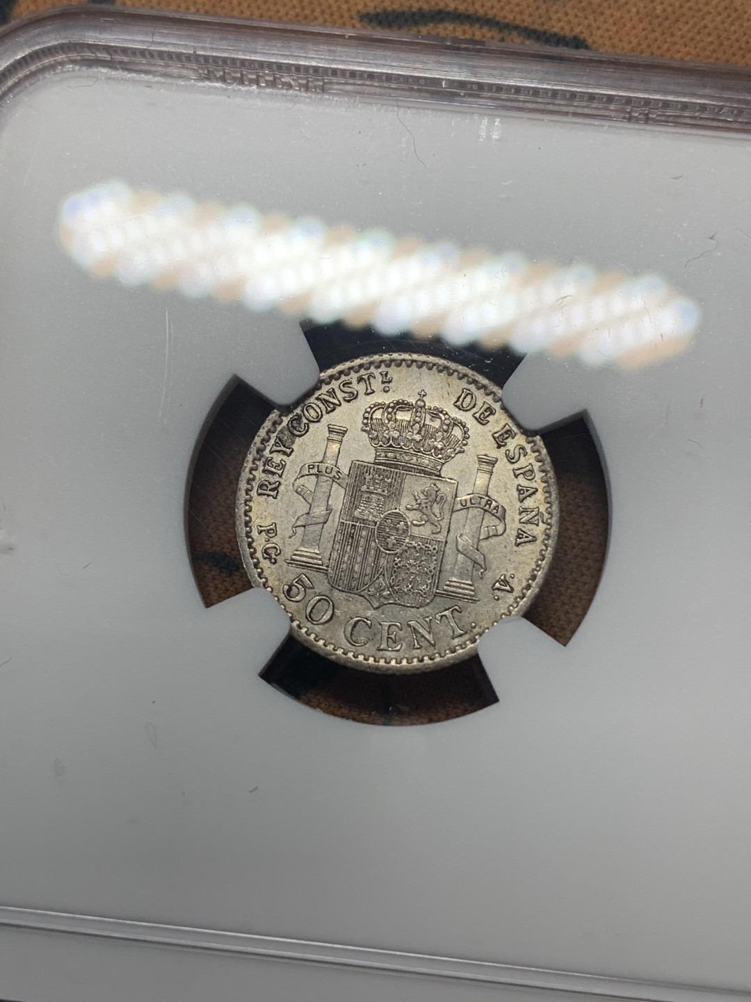 《竞宝斋》钱币微拍-第15场-本周日，周一2场连拍（全场顺丰包邮） NGC-MS63 西班牙1901年(10) 阿方索十三世 50分 银币