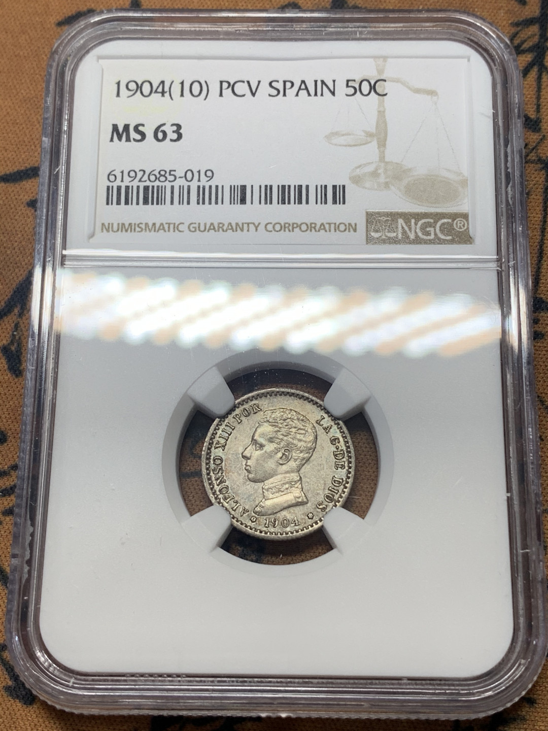 《竞宝斋》钱币微拍-第15场-本周日，周一2场连拍（全场顺丰包邮） NGC-MS63 西班牙1901年(10) 阿方索十三世 50分 银币