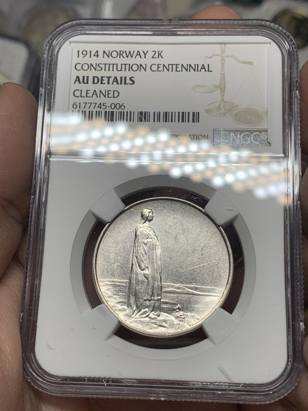 《竞宝斋》钱币微拍-第15场-本周日，周一2场连拍（全场顺丰包邮） 少见 1914 年 挪威 百年宪法 2克朗 银币