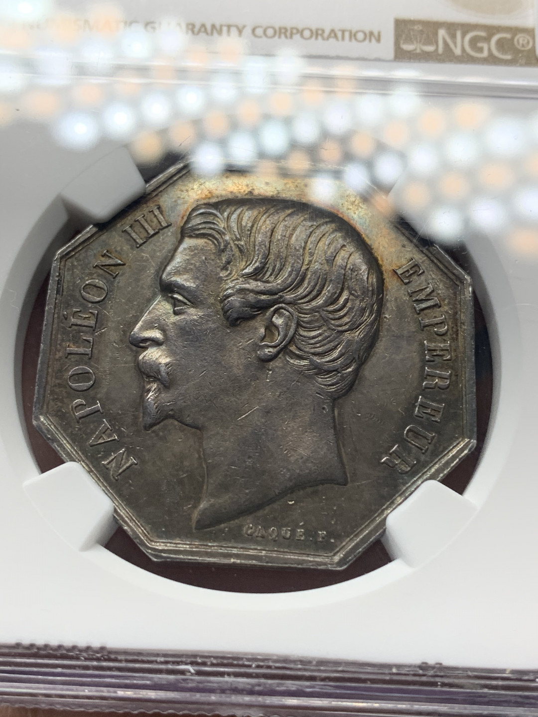 《竞宝斋》钱币微拍-第15场-本周日，周一2场连拍（全场顺丰包邮） NGC-AU 法国 1860年 拿破仑三世国王 JETON 银币 黑包浆没给分