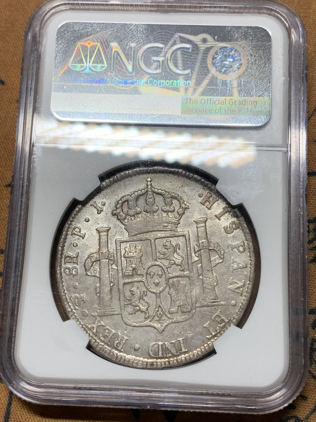 《竞宝斋》钱币微拍-第15场-本周日，周一2场连拍（全场顺丰包邮） NGC-AU50 原味 1803年 西属玻利维亚  卡四 老双柱8R大银币