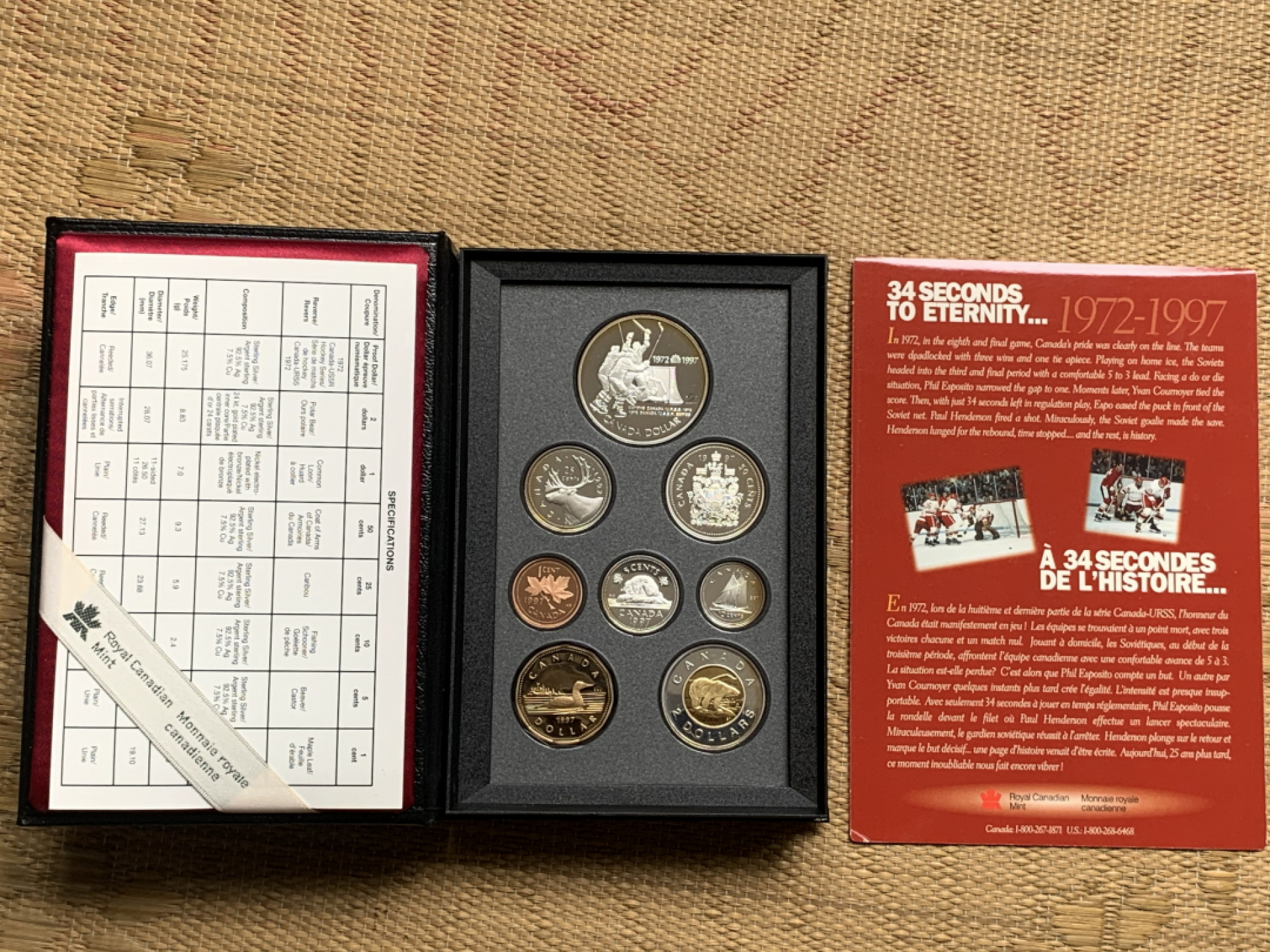 《竞宝斋》钱币微拍-第15场-本周日，周一2场连拍（全场顺丰包邮） 原盒证书 加拿大1997年 精铸8枚套纪念币 晚期的高银版 一元的25克 92.5%银