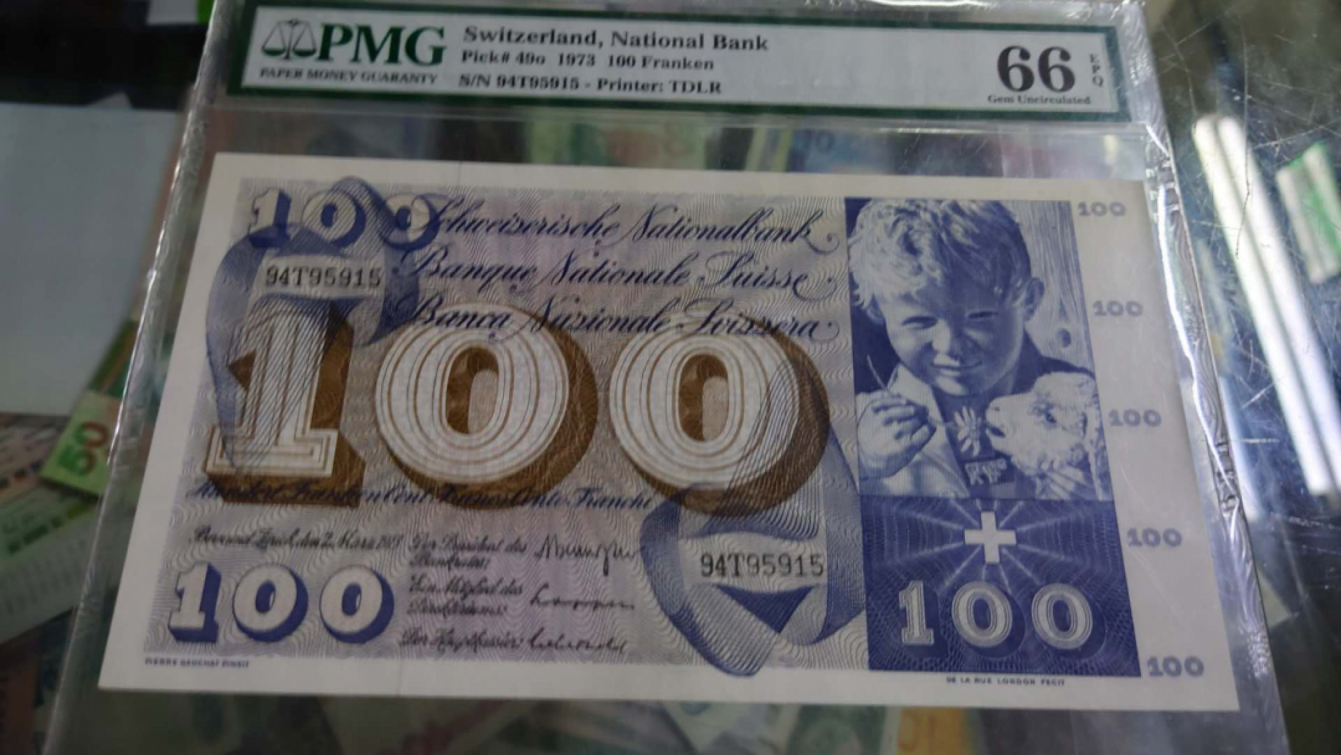 【囧羊收藏】精选微拍总第四十期暨2021年第31期 各国货币精选 1973年100瑞士法郎 PMG66E 全新