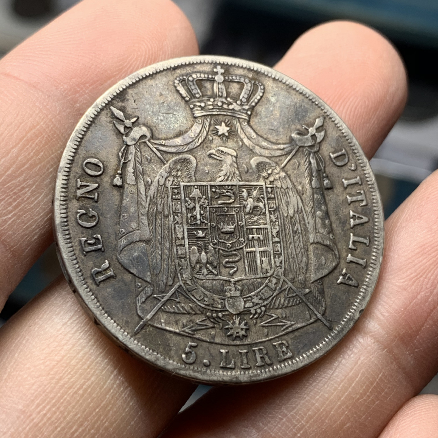 《竞宝斋》钱币微拍-第16场-本周日，周一2场连拍（全场顺丰包邮） 1813年 法占 意大利5里拉    原味状态，细节很好