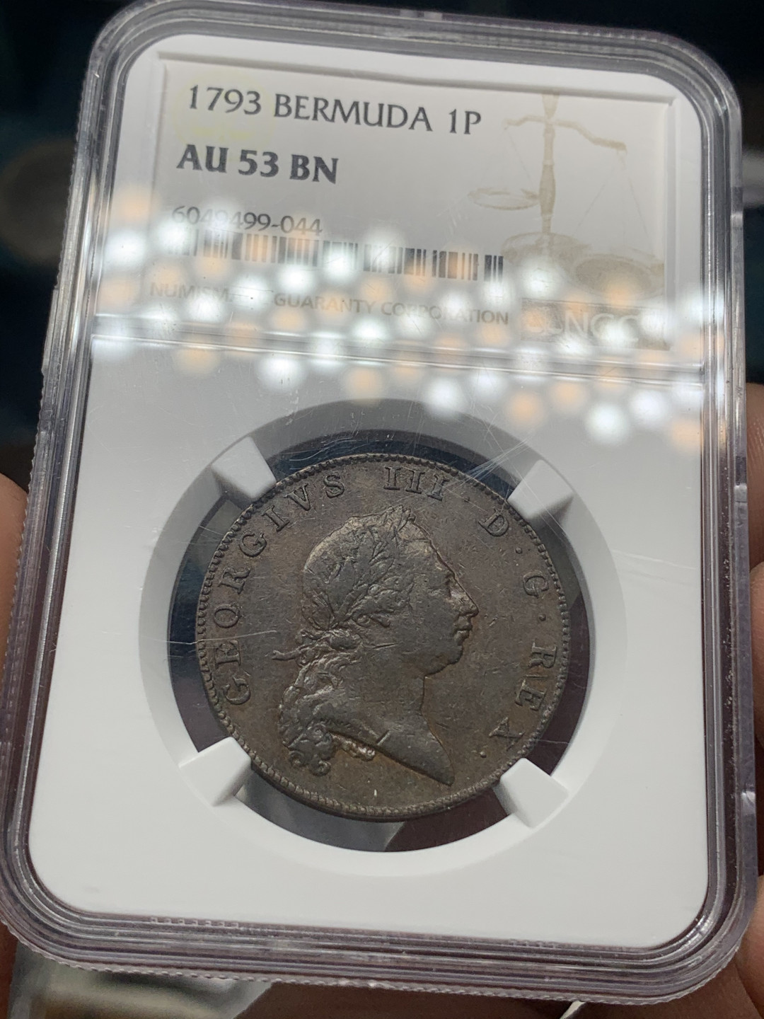 《竞宝斋》钱币微拍-第16场-本周日，周一2场连拍（全场顺丰包邮） NGC AU53 1793年 英属百慕大 乔治三世 1便士大铜币巧克力包浆  难得品种