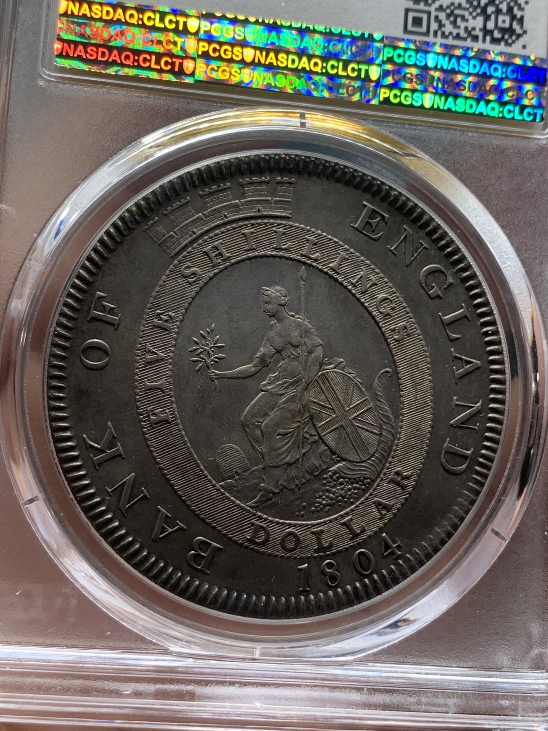 《竞宝斋》钱币微拍-第16场-本周日，周一2场连拍（全场顺丰包邮） PCGS AU58 稀少 英国1804年 英格兰银行 乔治三世 5先令大银币