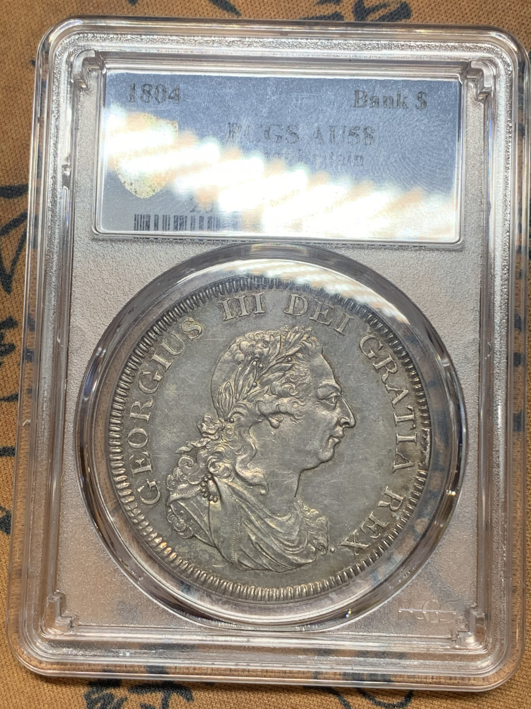 《竞宝斋》钱币微拍-第16场-本周日，周一2场连拍（全场顺丰包邮） PCGS AU58 稀少 英国1804年 英格兰银行 乔治三世 5先令大银币