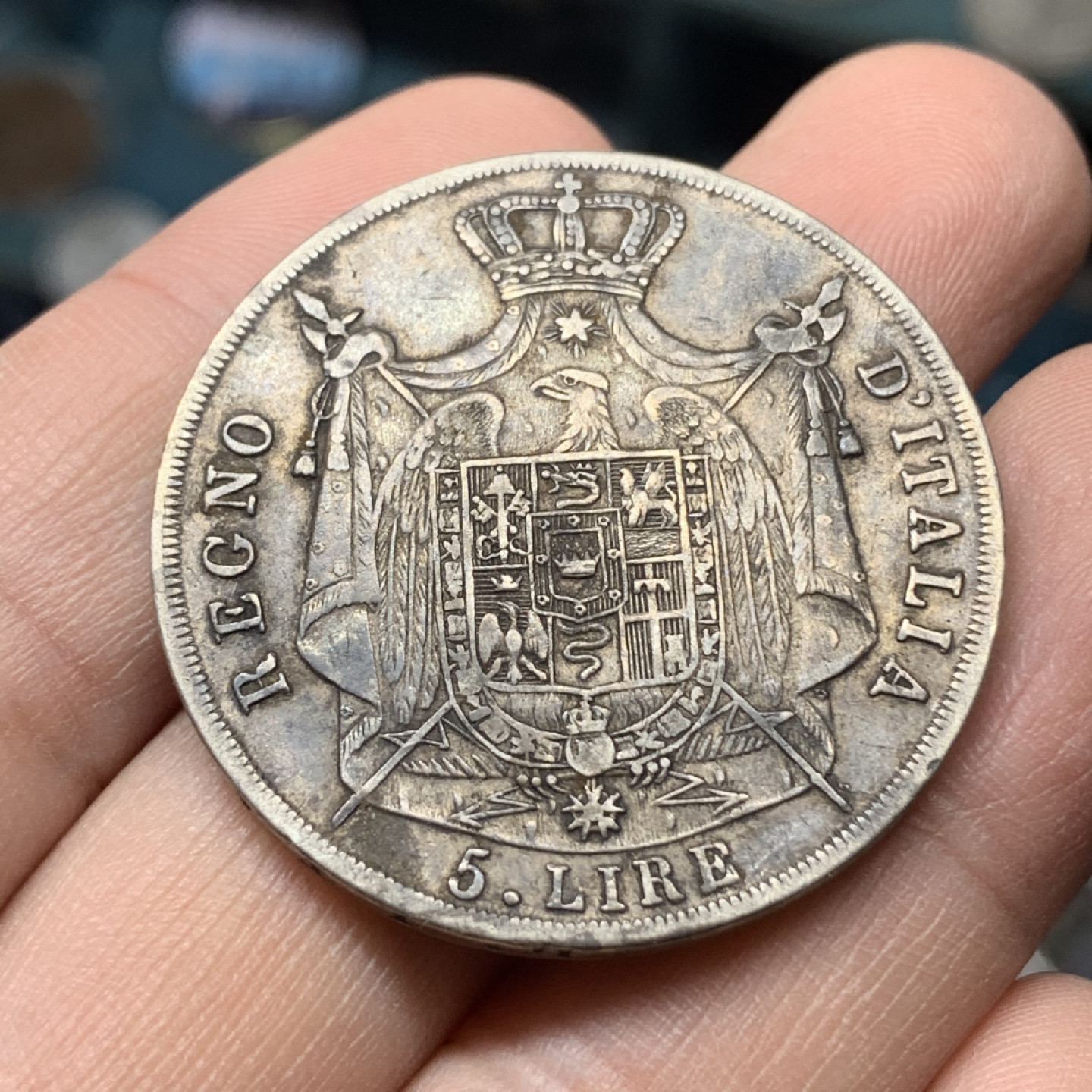 《竞宝斋》钱币微拍-第16场-本周日，周一2场连拍（全场顺丰包邮） 1813年 法占 意大利5里拉    原味状态，细节很好