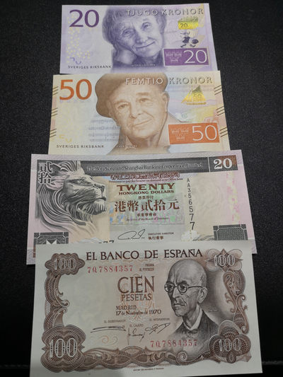 《外钞收藏家》第一百四十九期拍卖（本期105件） - 瑞典、香港、西班牙四张一起 全新UNC