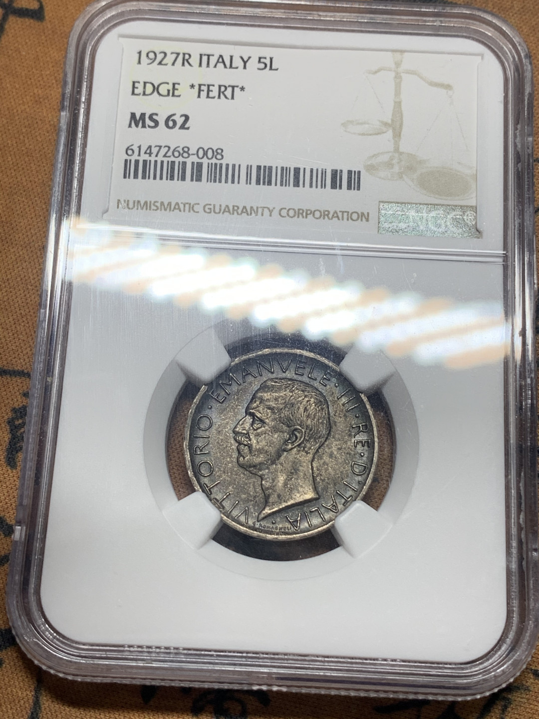 《竞宝斋》钱币微拍-第16场-本周日，周一2场连拍（全场顺丰包邮） NGC-MS62 意大利 1927年 5里拉 银币 难得黑包浆，不要错过！