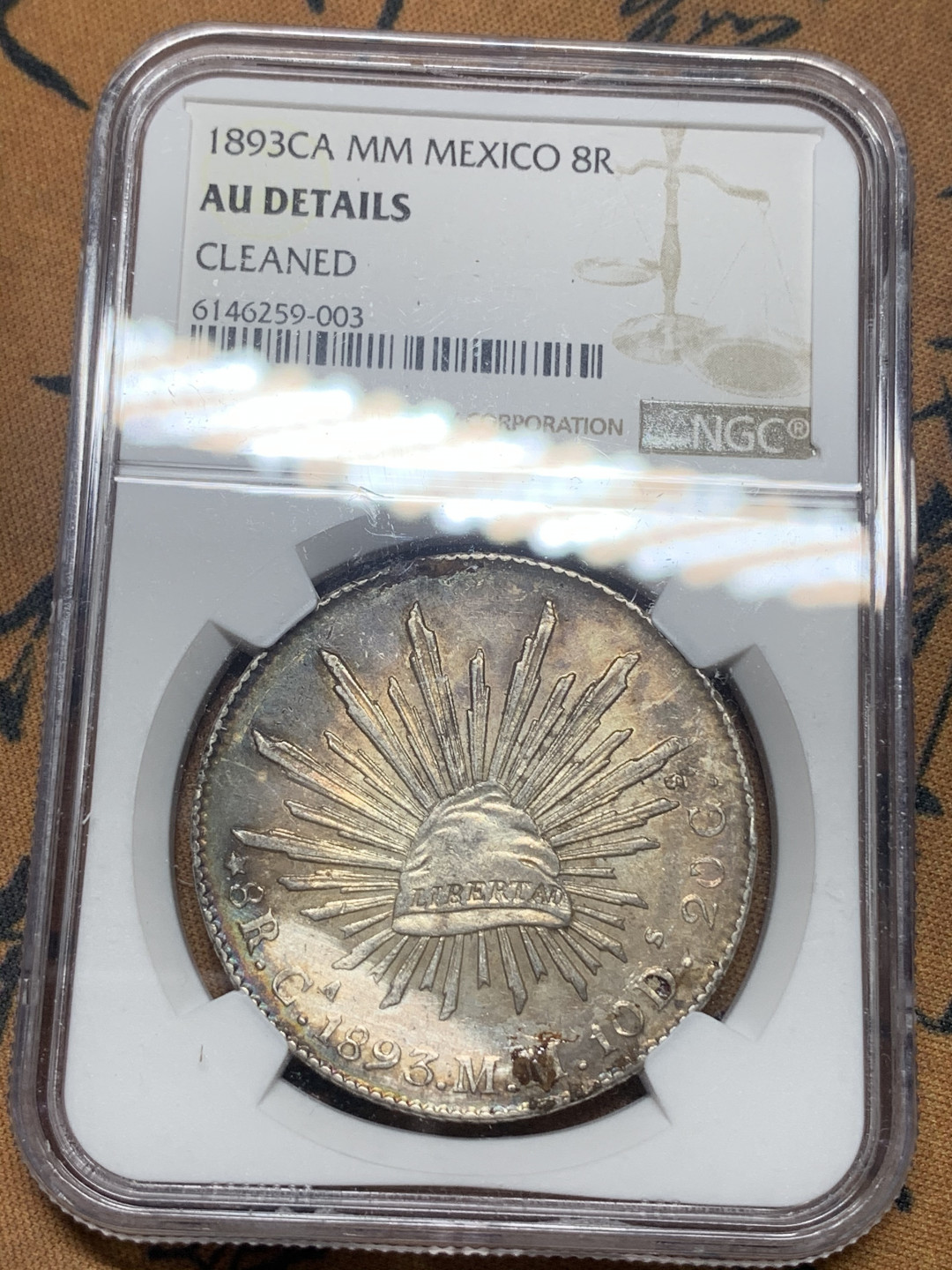 《竞宝斋》钱币微拍-第16场-本周日，周一2场连拍（全场顺丰包邮） NGC-AUD   墨西哥 1893年 8 里亚尔 奇瓦瓦厂 银币 原味CA厂老鹰洋