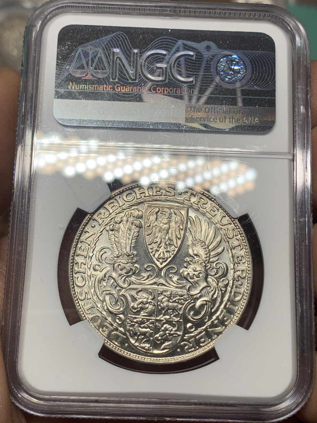 《竞宝斋》钱币微拍-第16场-本周日，周一2场连拍（全场顺丰包邮） NGC-MS64 高分 德国 魏玛1927年兴登堡80大寿 5马克银币章 PL效果明显