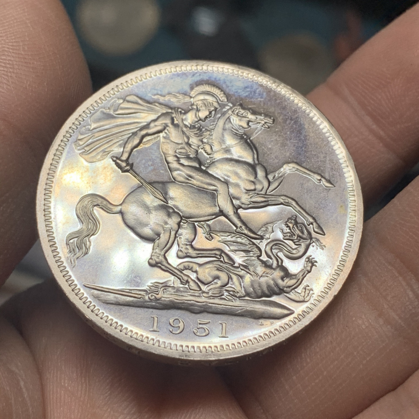 《竞宝斋》钱币微拍-第16场-本周日，周一2场连拍（全场顺丰包邮） 英国 1951年 原盒装 好品 镍马剑 乔六克朗