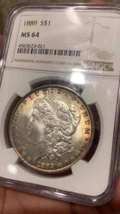 《竞宝斋》钱币微拍-第16场-本周日，周一2场连拍（全场顺丰包邮） NGC-MS64 美国 1889年 1Dollar 摩根银币 日冕彩 状态喜人