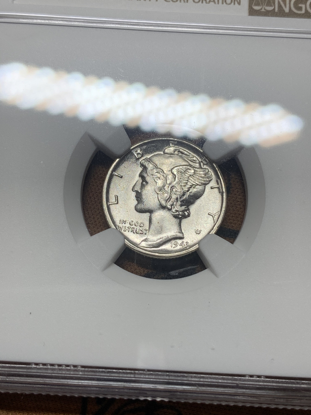 《竞宝斋》钱币微拍-第16场-本周日，周一2场连拍（全场顺丰包邮） NGC-MS66 美国1943年 墨丘利 10cents 银币 旧金山造币厂 出厂状态 