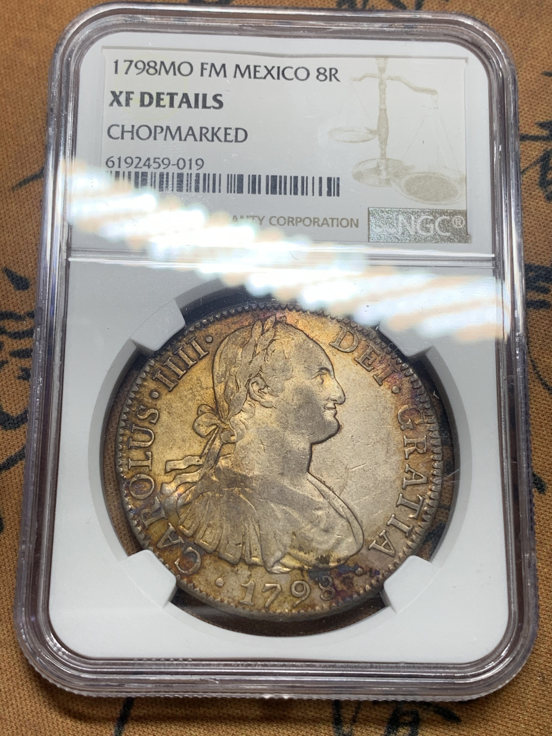 《竞宝斋》钱币微拍-第16场-本周日，周一2场连拍（全场顺丰包邮） NGC 评级 1798年 墨西哥 卡四双柱 8R大银币 包浆绚丽 细节深打